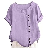 Linen Shirt for Girls Cotton Button up Shirts Short Sleeve Roll up Loose Fit Outfit Boat Neck Cute (Purple, 5-6 Years)