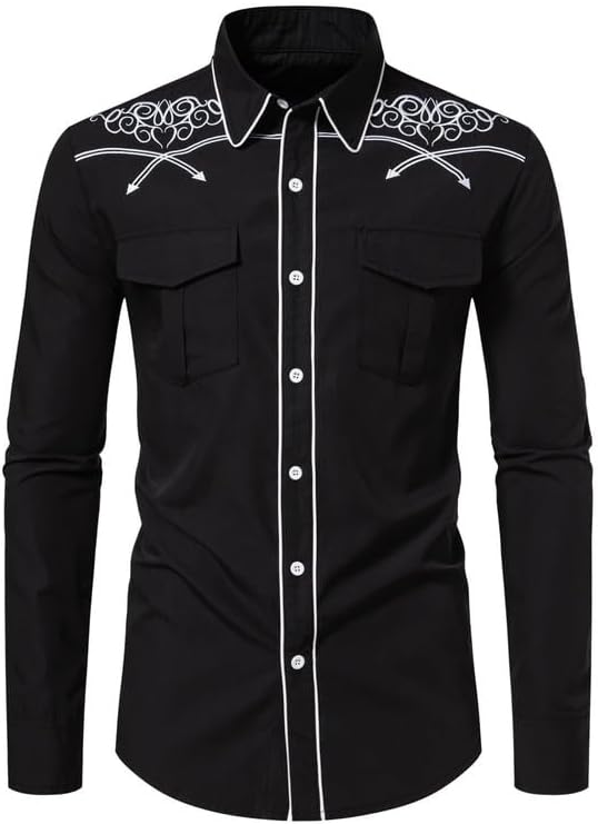 KISSQIQI Mens Western Cowboy Shirt Casual Button Down Long Sleeve Embroidered Shirts Fashion Slim Fit Design Shirts