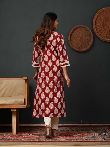 Image of Rimeline Women's Cotton Printed Kurta with Lace Yoke Detail | Elegant Straight Fit Ethnic Wear for Office, Casual & Daily Styling