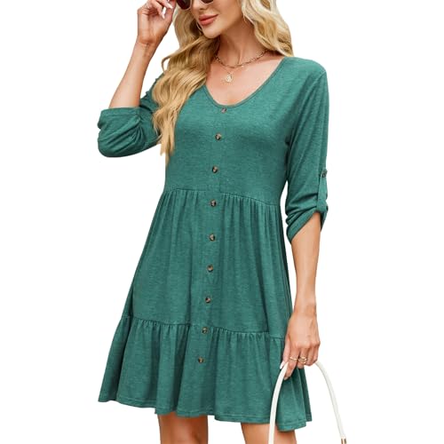 Vestidos de verano para mujer, estilo casual, con botones, para primavera, verano, manga 3/4, cuello en V, estilo informal, holgados, estilo camiseta, verde, S