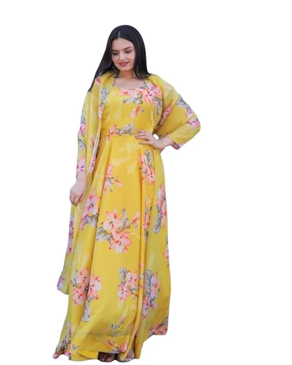 JS Creative Vibrant Yellow Floral Printed Georgette Anarkali Gown with Matching Dupatt Full Flared Silhouette Soft Inner Lining Elegant Long Sleeves for Festive-image-33