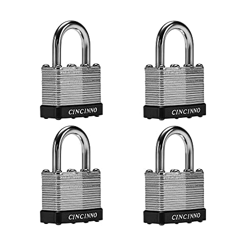 CINCINNO Keyed Alike Heavy Duty Steel Laminated Padlock,40mm Keyed Padlock with 7/8" Shackle and 1-9/16" Wide Body Lock Key Pack of 4 Cover