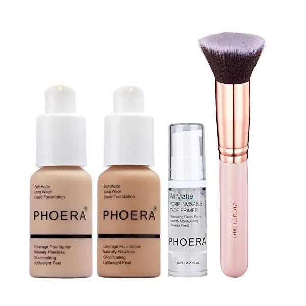 PHOERA 30ml Foundation Liquid Full Coverage 24HR Matte Oil Control Concealer (Nude & Buff Beige) with 6ml Makeup Face Primer & Kabuki Foundation Brush Flat Top