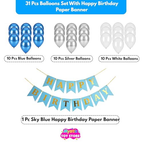 Image of Happy Birthday Decoration Kit for Baby Teenage Girls Men Women Adults Home Table Year With 30 Pc Dark Blue White Silver Balloons 1 Pc Sky Blue Happy Birthday Paper Banner Items Set Combo