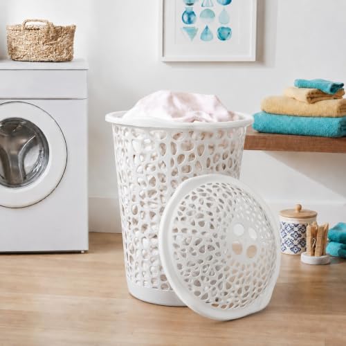 Image of KITCHIVO Plastic Large 55 Ltr Laundry Basket with Lid & Handle | Multipurpose Hamper Bins Storing Washable Clothes, Blankets | Household Ideal for Home & Bathroom (Round White)