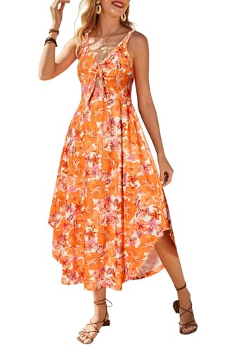 VOTEPRETTY Sommerkleid Damen Elegant Maxikleid Lang Sommer Kleid Hochzeitsgast Ärmellos Boho Strandkleid(Orange Floral,XL)
