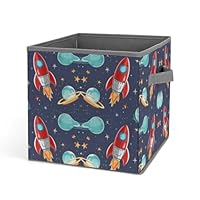 Rrtsmsgh Rocket Clipart Space Ship Foldable Storage Box with Handles, Collapsible Oxford Fabric Organizer, Portable Multi-Purpose Storage Bin for Home, Closet, Office