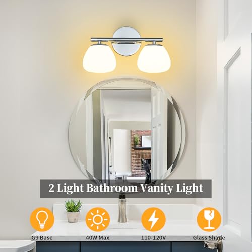 Image of Modern 2 Light Bathroom Vanity Light Chrome Vanity Light Bathroom Light Fixtures Over Mirror with Milk Glass Shade Bathroom Wall Sconce