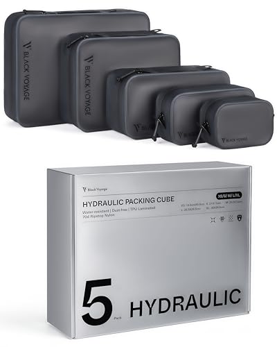 Black Voyage Travel Hydraulic Packing Cube, Dust and Water-Resistant, Translucent TPU Laminated 70D Ripstop Nylon (Black, 5 Pack (XS/S/M/L/XL))