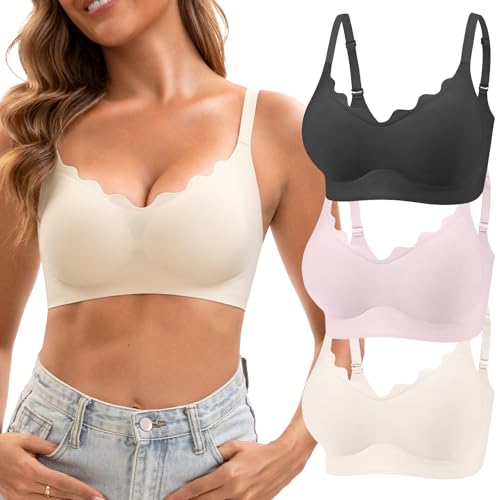 Womens Seamless T-Shirt Bras 3 Pack Ultra Soft Wireless Comfy Bra, Full Coverage Bralette No Show Under Clothes