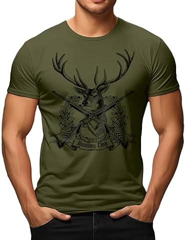 Męski T-shirt dla myśliwych: Hunting Club jeleń 100% czysta bawełna, oliwkowy, XL