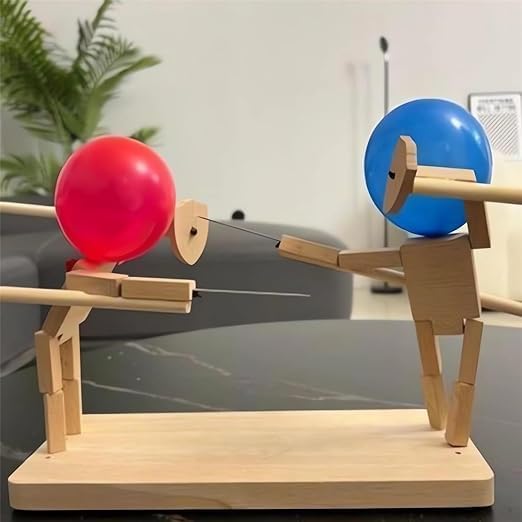 Balloon Bamboo Man Battle Game 2-Player, Handmade Wooden Fencing Puppet Toy Set, Exciting Balloon Fencing Game, Battle Bots Fighting Games, Fast-Paced Party Game (100 Balloons)