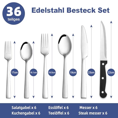 Besteck Set 6 Personen, Bastwe 36 teiliges Edelstahl Besteckset mit Steakmesser, Hochwertiges Messer Gabel Löffel für Familie/Party/Hotel, Hochglanzpoliert & Spülmaschinenfest