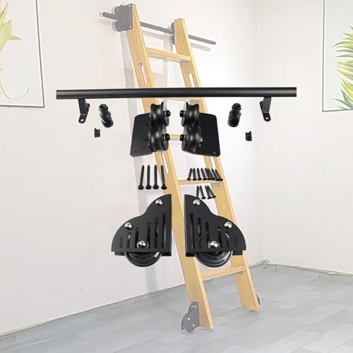 Kit de herrajes para escalera deslizante para biblioteca, rieles de escalera móviles de tubo redondo de metal negro para estantes de bodega, kit de rieles con ruedas de piso (sin escalera)(732cm Kit d