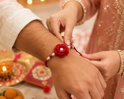 Image of Handmade Crochet Rose Flower Rakhi for Brother, Red, Cotton Yarn, with Pearl & Beads, Adjustable, Raksha Bandhan