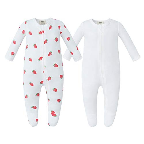 Owlivia Organic Cotton Baby Boy Girl Pajamas, Zip Front 2 Pack Sleep 'N Play, Non-Slip Footed Sleeper Pjs(3-6 Months, Strawberry + Off White)