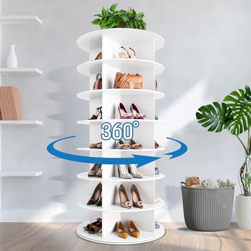 Dephet 7-Tier Rotating Shoe Rack Tower - Free Standing Spinning Shoes Organizer, 360° Vertical Spinning Shoe Display Lazy Susan, Closet Shoe Cabinet Rack Fits 28 Pairs of Shoes Bags Plants