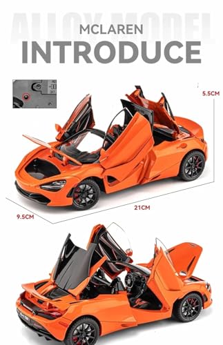 Image of WORSHIPER 1:24 Scale McLaren 720S Die-Cast with Openable Doors, Pullback Action, Lights & Sounds � Luxury Sports Car Collectible for Kids & Adults (1:24 McLaren 720S-ORANGE Color)