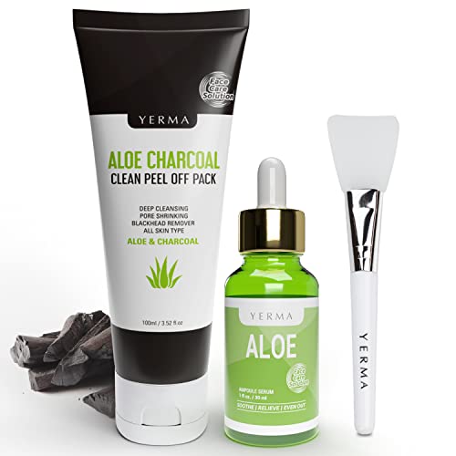 YERMA Aloe Charcoal Blackhead Peel Off Face Mask with Aloe Vera Serum SKINCARE & Brush, Blackhead Remover 3-in-1 CLEAN SKIN SOLUTION SET - Exfoliating & Hydrating & Anti Aging Deep Cleansing for Dirt, Oil, Acne