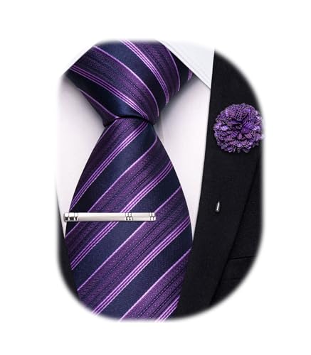 Image of Hi-Tie 63 inches Striped Paisley Extra Long Ties for Men Silk Necktie with Lapel Pin Tie Clip Big and Tall Men Formal Wedding