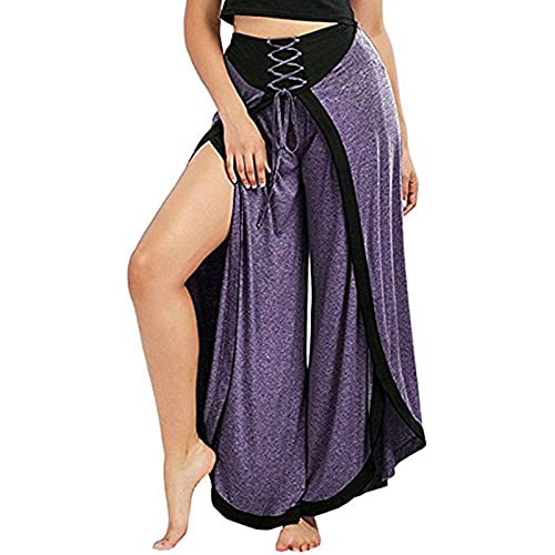 Women's Stretchy High Waist Palazzo Pants Up Tear Pants Front Split Pants Fashion Breathable Solid Beach (Purple, XXXL)3