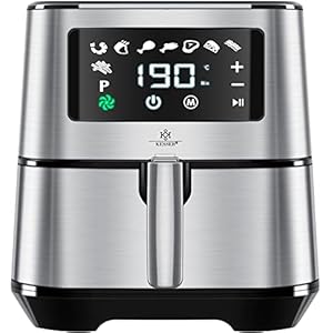 KESSER® XXL 5,5 Liter Heißluftfritteuse Edelstahl |1700W Fritteuse Airfryer | Touch Display | 8 Programmen | ohne ÖL | Backofen | Fettfrei |Heißluft | Grill | Inkl. Brotbackkorb & Rezeptebuch Silber