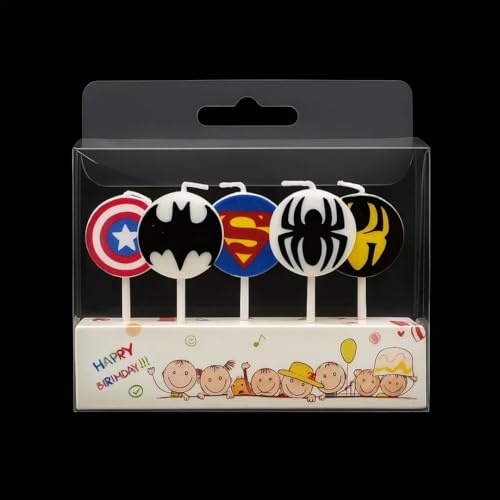 Image of Wanna Party Superhero Birthday Cake Candles - Set of 5 Hero-Themed Face Toppers for Kids Party Decorations - Comic Style Cake Decor for Boys & Girls