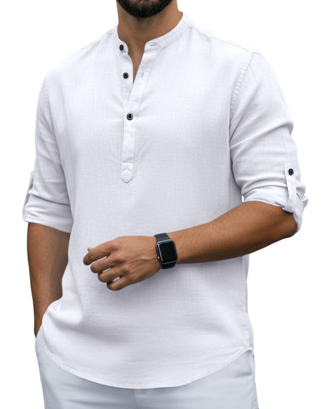 Image of Men Cotton Blend Mandarin Collar Casual Kurta Shirt | Roll-Up Sleeves | Regular Fit Ethnic Short Kurta for Daily