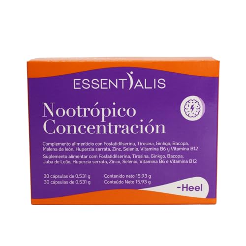 Essentialis Nootrópico Concentración–Tirosina, Ginkgo, Bacopa, Melena de león, Huperzia, B6, B12 y minerales–Más energía, memoria y agilidad mental-exámenes, oposiciones–30 cápsulas veganas. 1 mes