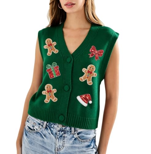 Image of Women Christmas Knit Vest Top Santa Embroidery Sleeveless Button Down Sweater Vest Xmas Snowman Cardigans Tank Top