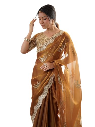 Image of Satrani Women's Tissue Silk Sequin Embroidery Scalloped Border Saree with Unstitched Blouse Piece