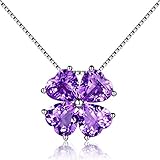 February Birthstone Natural Purple Amethyst Gemstone 925 Sterling Silver Pendant Necklace for Women Lucky Four leaf Clover Plant Shamrock Jewelry Valentine Mother Anniversary Christmas Day Gift