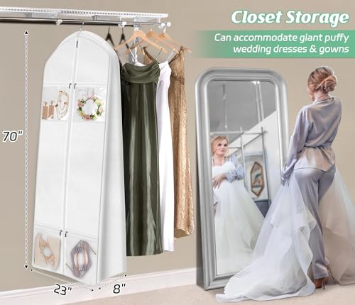 IRYZE Garment Bag for Travel, 2pcs 70"" Wedding Dress Garment Bag With Tote Bag 8'' Gusseted Dress Bags 4 Pockets Suit Luggage Bag, 58.4*20.3*177.8cm, White2