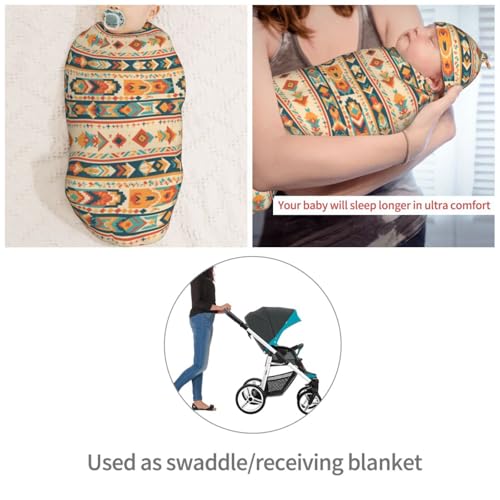 Image of Vintage Aztec Style Pattern Newborn Swaddle Blankets Hat Sets Soft Baby Receiving Blanket Swaddle Sack for Baby Shower Infant Boy Girl Gift