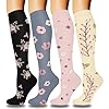 DHSO 4 Pairs Graduated Compression Socks for Men and Women, Compression Stocking for Running, Hiking, Travel(4 Pack Black Pink Flowers, Small-Medium)