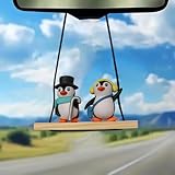 DUSCOKE Cute Swing Penguin Car Hanging Ornament, Flying Car Rear View Mirror Charm, Aesthetic Auto Pendant Accessories, Vehicle Interior Decoration Present for Women Men (Top hat/Headphones)
