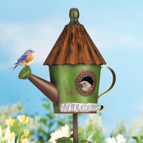 BAYN-57-Bird-Houses-Stake-for-Outside-Metal-Watering-Can-Birdhouse-Garden-Stake-Wild-Bird-Feeder-Pole-with-Welcome-Sign-Outdoor-Decorations-for-Patio-Backyard-Garden BAYN 57 Bird Houses Stake for Outside Metal Watering Can Birdhouse Garden Stake Wild Bird Feeder Pole with Welcome Sign Outdoor Decorations for Patio Backyard Garden
