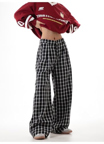 Pooyikoi Women Pants Casual Retro Mid-Waist Wide Leg Straight Leg Pants Casual Hip Hop Fashion Gingham Pant Streetwear4