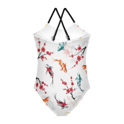 Colorful Koi Fish Red Flowers Girls Swimming Suit, Beach Swimsuit Girls 3-10 Y with Adjustable Shoulder Strap, 3-10 Y2