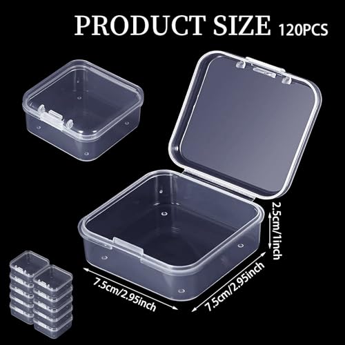 Image of 120 Pcs 3 x 3 x 1 Inch Plastic Bead Storage Container with Hinged Lids, Clear Small Items Organizer Box for Jewelry, DIY Craft, Hardware, Game Pieces