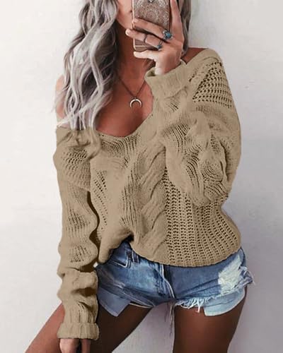 Women's Fall Sweaters 2025 Sexy Off The Shoulder Long Sleeve Loose Knit Pullover Tops4