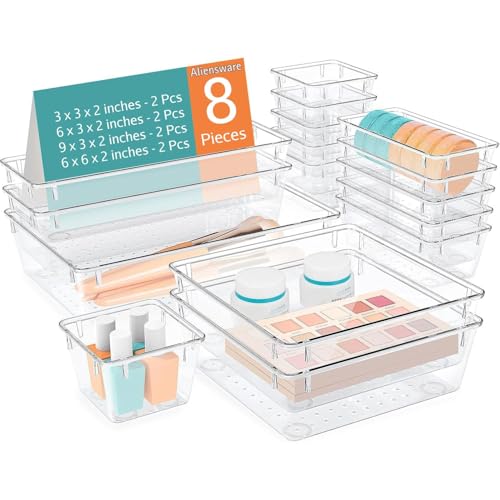 Aliensware 8Pcs Transparent Drawer Organizer,Clear Plastic Dividers Trays,Versat...