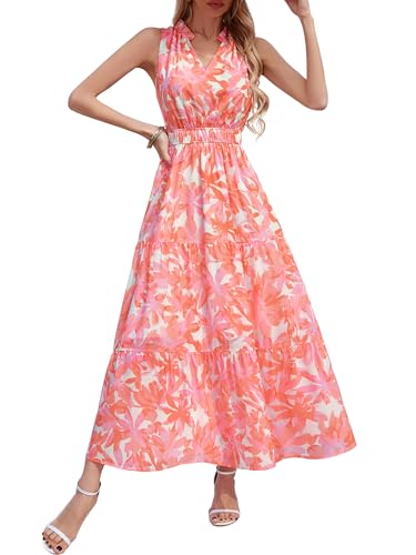 Simplee Womens Summer Floral Sleeveless Sundresses Wedding Guest Boho V Neck Ruffle Flowy Tiered Beach Vacation Maxi Dress Pink Orange