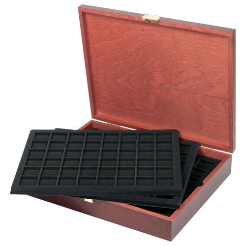 Caja de monedas de madera Lindner S2495 con 5 bandejas negras para 240 cápsulas