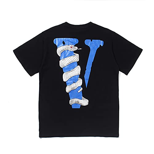 Vlone Shirt Big V T-Shirt Python Snake Shirts Casual Crew Neck Short Sleeve Tee Tops Hip-Hop Trend for Men Women Youth (Black,Small)