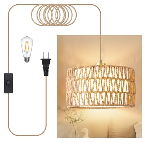 Beser&middot;Win Plug in Pendant Light Rattan Hanging Lights with Plug in Cord, Woven & Fabric 2 in...