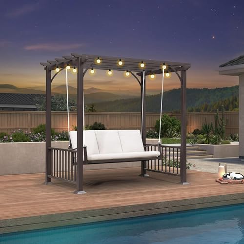 PURPLE LEAF 3-Seat Porch Swing with 12 Clear LED String Lights Outdoor Metal Pergola Swing Hanging Cloud Swing Chair for Backyard Garden Patio Hammock Swinging, Cushion and Pillows Included, Coffee