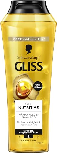 Gliss Shampoo Oil Nutritive (250 ml), Haarshampoo mit Omega 9 & Marula-Öl, Pflegeshampoo für strohiges Haar & strapaziertes Haar sorgt für Geschmeidigkeit und Glanz