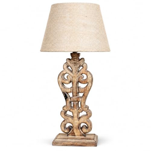 Image of tu casa Mangowood Rustic Brown French Table Lamp for Home Decoration, Bedroom, Living Room, Lounge, Office, Festival Gifting, Study Table (Beige with Jute Shade) H - 21 inch / No Blub
