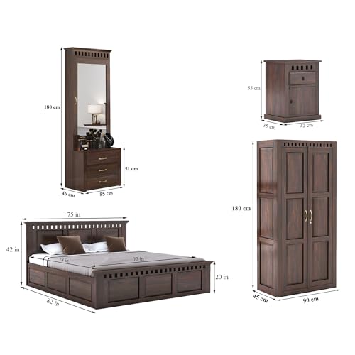 Image of SONA ART & CRAFTS Kuber Solid Sheesham Wood Bedroom Set | King Size Bed with Box Storage, Wardrobe, Dressing Table & Two Bedside Tables - Walnut Finish (Assembly Included)